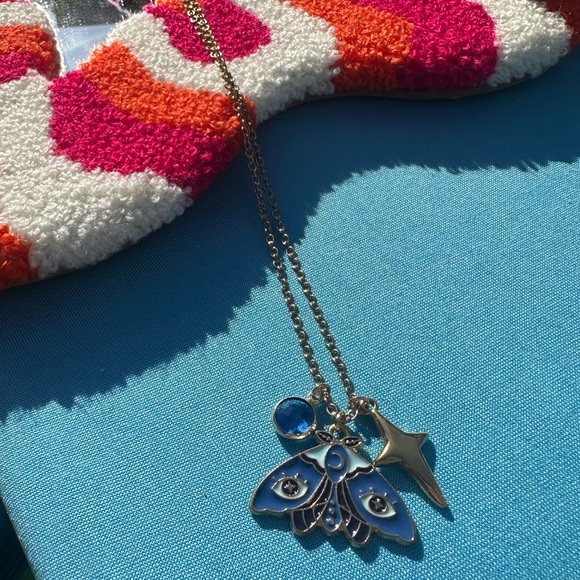 Blue and Gold Moth Charm Pendant Necklace - Picture 1 of 4